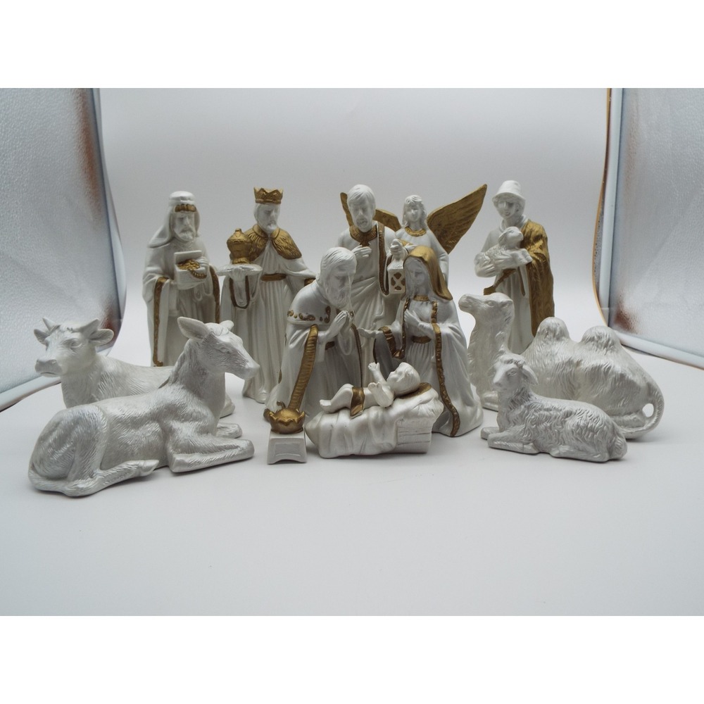 Nativity Set #6 Pearlescent White and Gold Figurines Christmas Decor 12 Pieces
